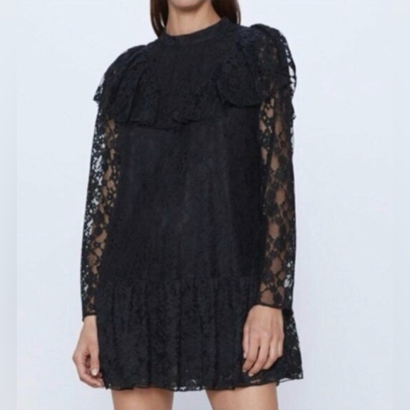 Women Zara Stella Black Lace Long Sleeves Romper Dress Ruffle - Picture 2 of 9